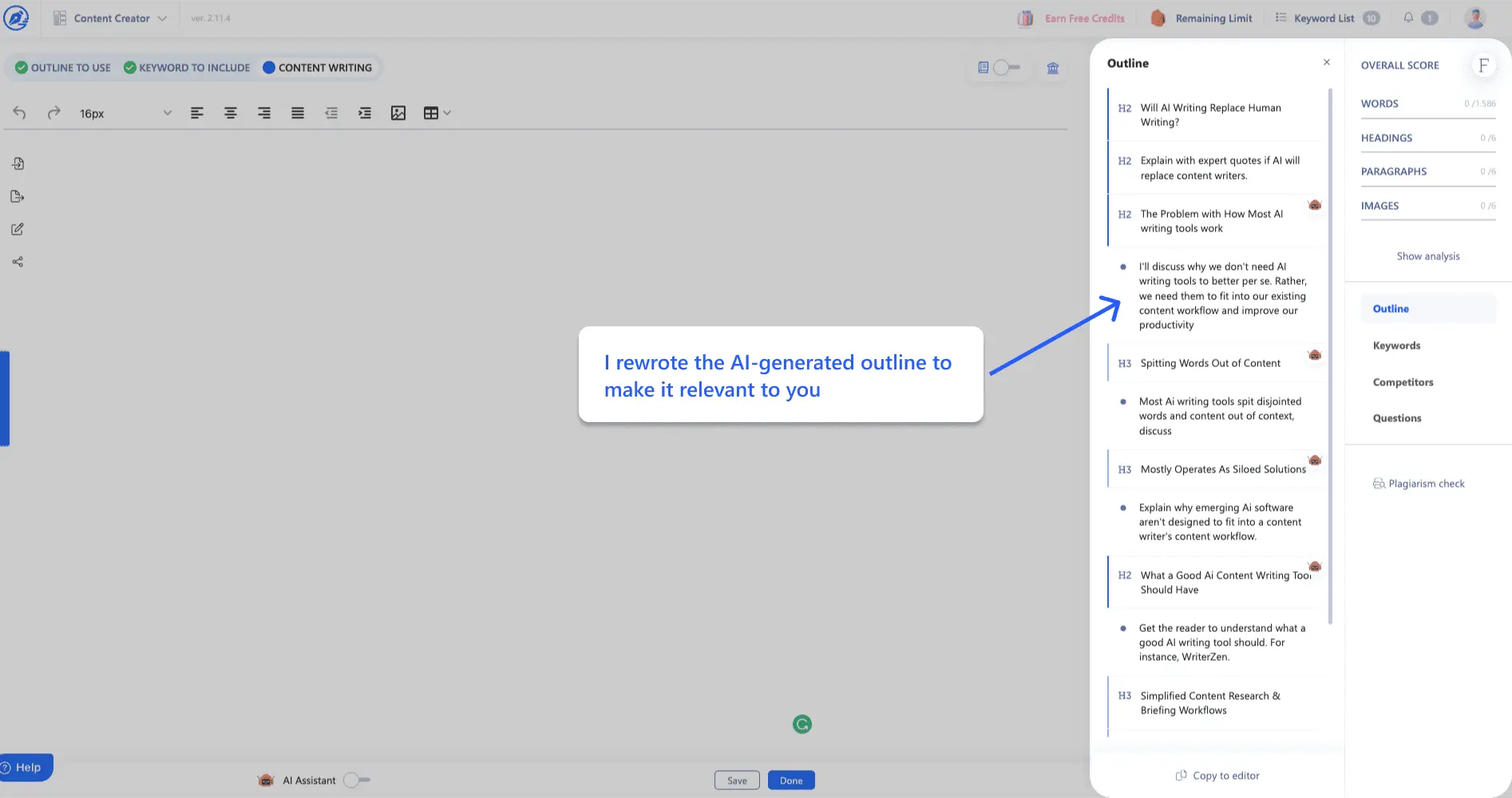 WriterZen helps you easily edit the outline to make it more contextual